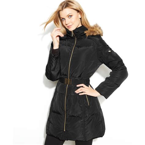 michael michael kors faux-fur-trim belted puffer coat bark|Faux Fur Trim Quilted Belted Puffer Jacket .